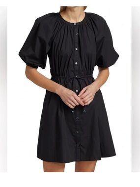 STAUD Black Button-Down Puff Sleeve Mini Dress